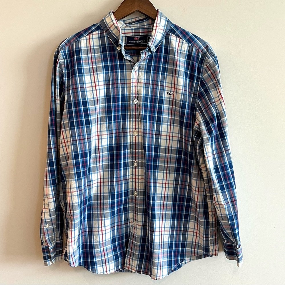 Vineyard Vines Men’s Red Blue Plaid Long Sleeve Button Down Whale Shirt L